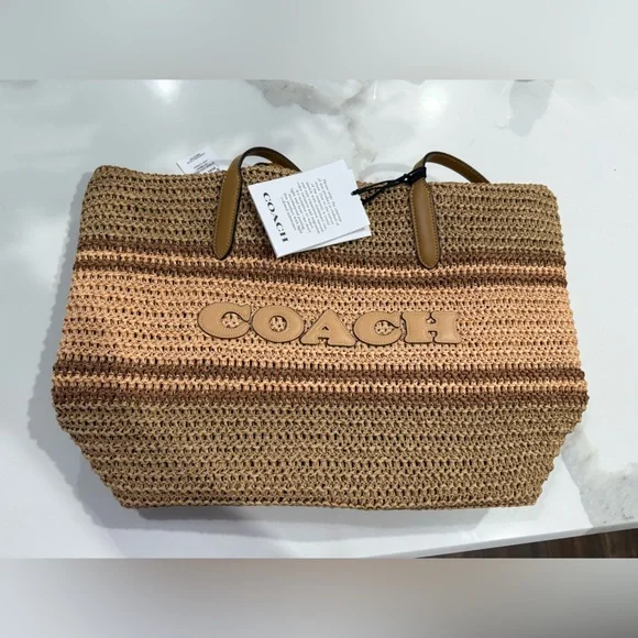 NWT Coach - Straw City Tote, in Honey Brown Multi Stripe - Picture 3 of 7